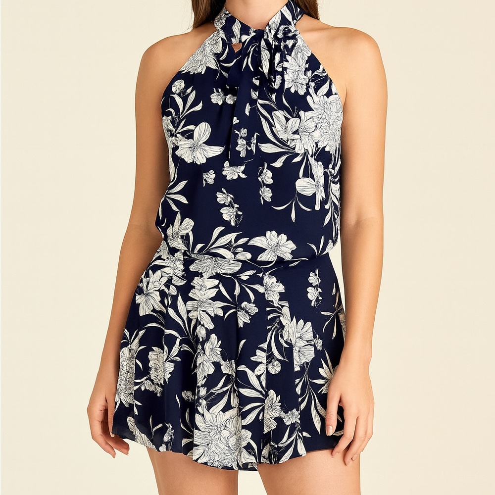 Floral Halter and Skort Set, Navy and White